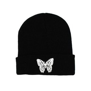 Butterfly Embroidered Beanie - Black/White